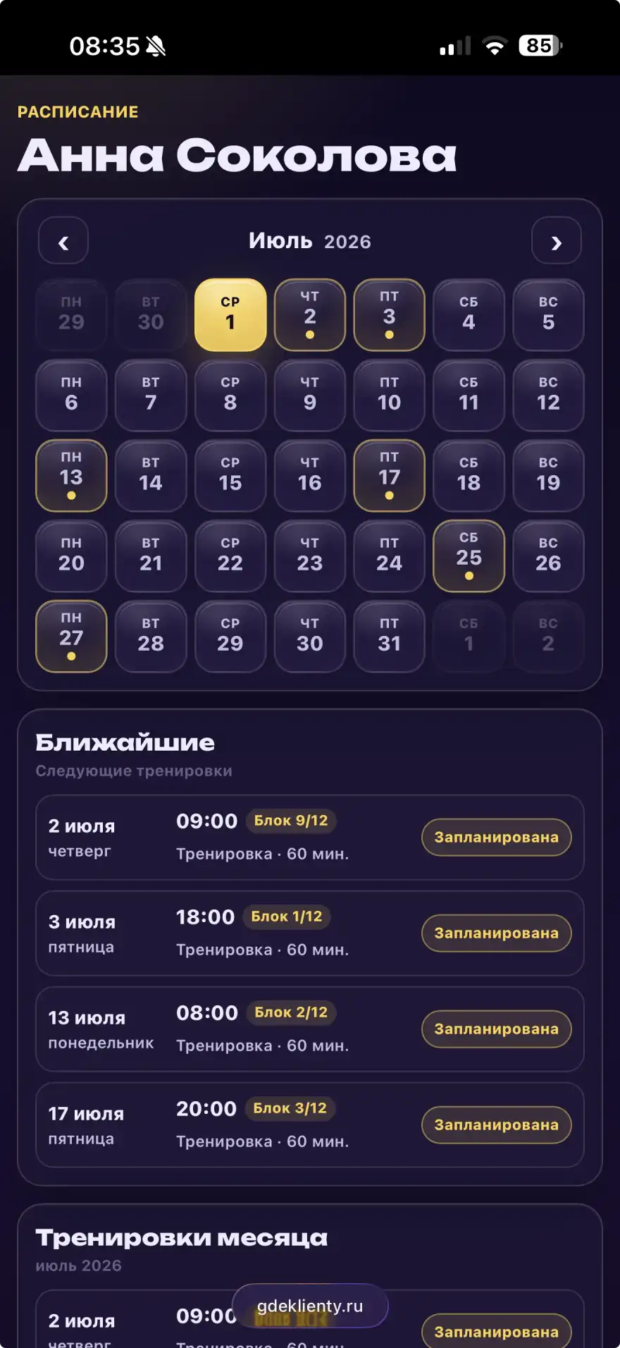Личный календарь клиента с будущими тренировками и остатком занятий